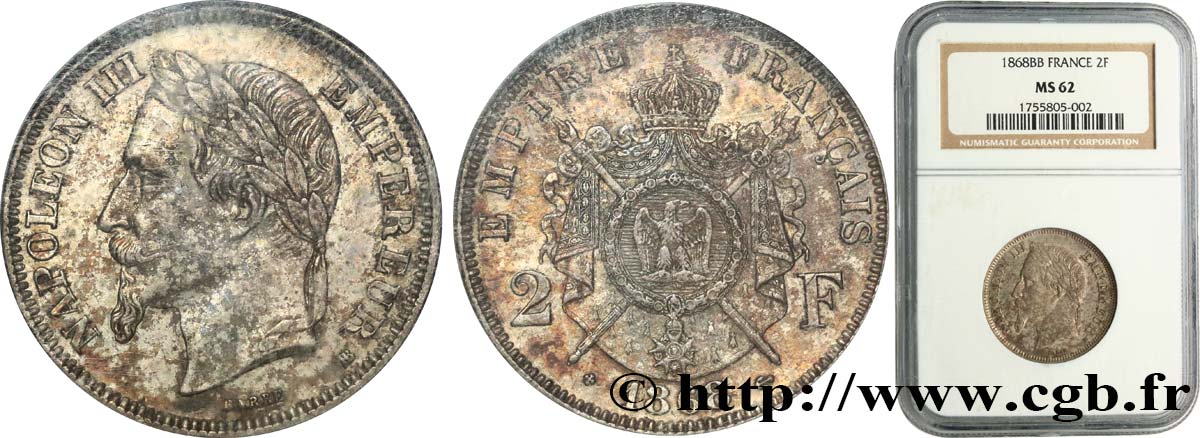 2 francs Napoléon III, tête laurée  1868 Strasbourg F.263/9 MS62 NGC