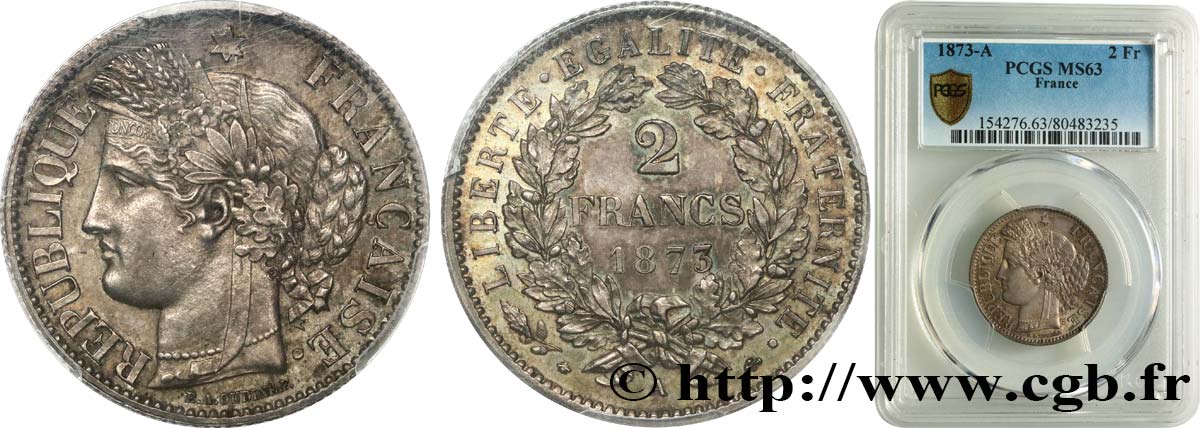 2 francs Cérès, avec légende 1873 Paris F.265/10 SC63 PCGS
