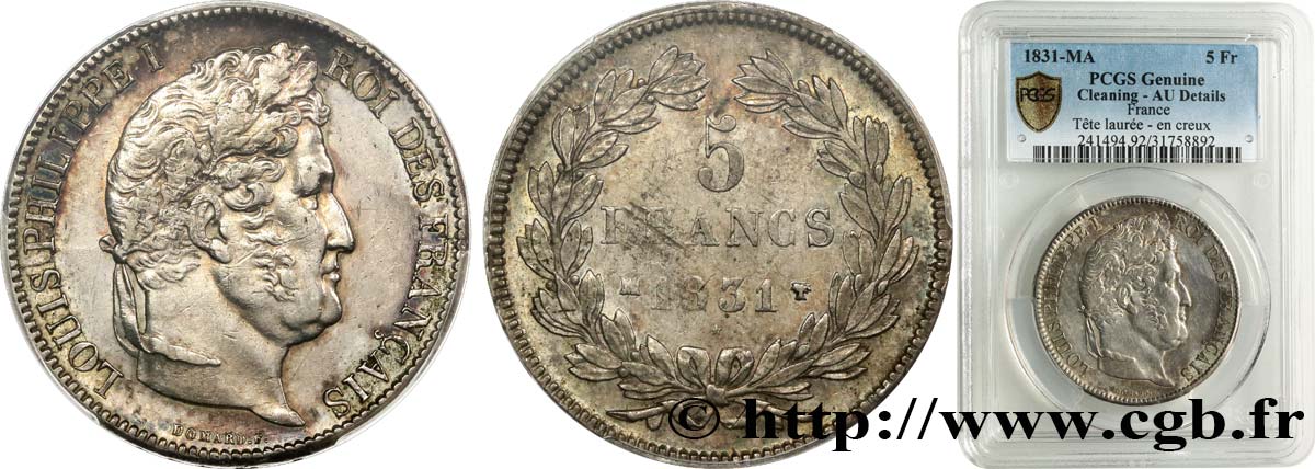5 francs Ier type Domard, tranche en creux 1831 Marseille F.319/6 AU PCGS