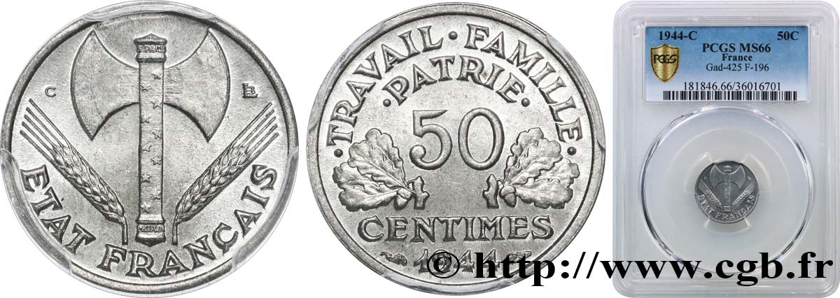 50 centimes Francisque, légère 1944 Castelsarrasin F.196/6 FDC66 PCGS
