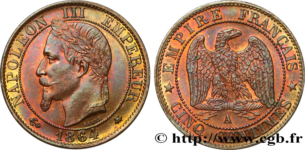 Cinq centimes Napoléon III, tête laurée 1864 Paris F.117/13 VZ+ 