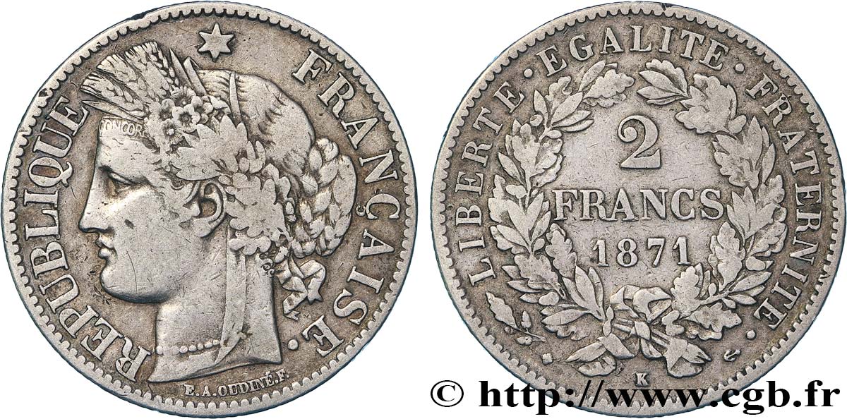 2 francs Cérès, avec légende 1871 Bordeaux F.265/7 TB