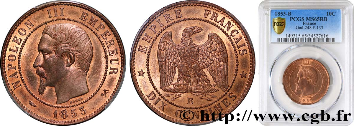 Dix centimes Napoléon III, tête nue 1853 Rouen F.133/3 MS65 PCGS