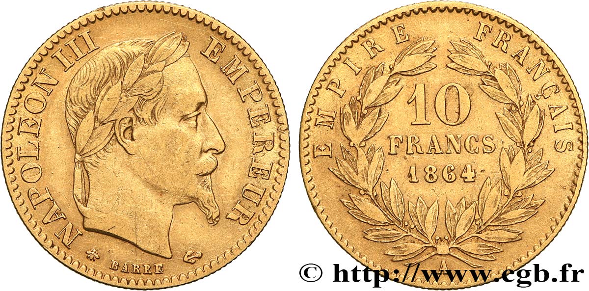 10 francs or Napoléon III, tête laurée, type définitif à grand 10 1864 Paris F.507A/6 TB35