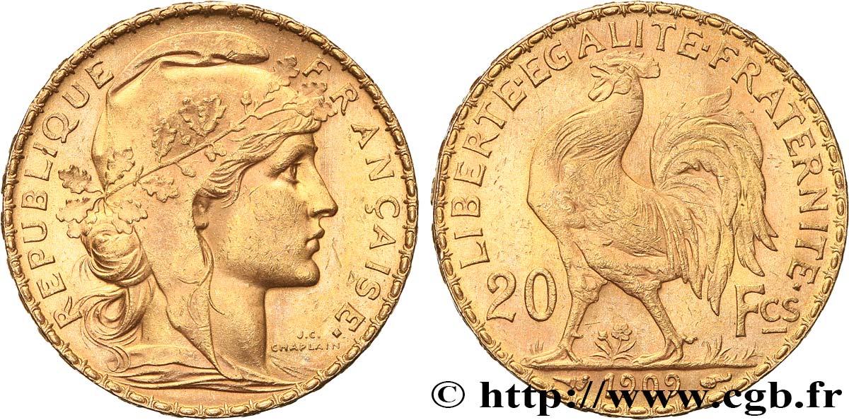 20 francs or Coq, Liberté Égalité Fraternité 1909 Paris F.535/3 AU