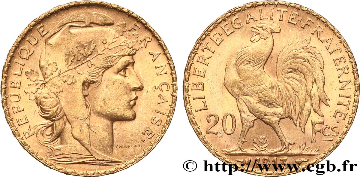 20 francs or Coq, Liberté Égalité Fraternité 1913 Paris F.535/7 SUP+