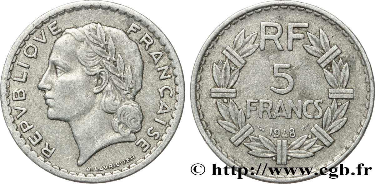 5 francs Lavrillier, aluminium, 9 fermé 1948  F.339/14 MB35 