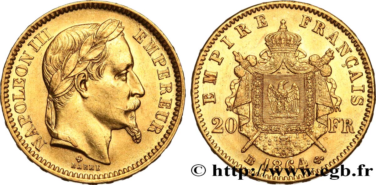 20 francs or Napoléon III, tête laurée 1864 Strasbourg F.532/10 MS60 