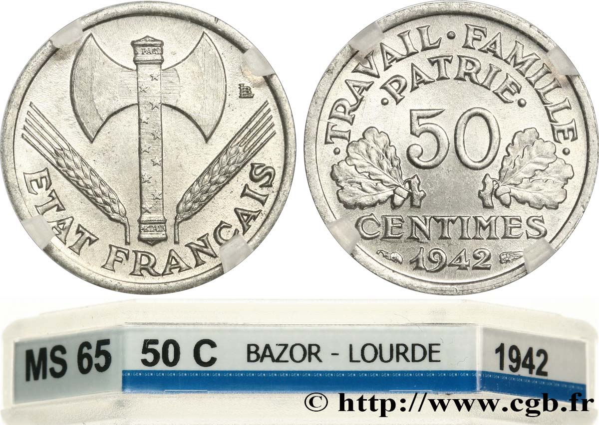 50 centimes Francisque, lourde 1942 Paris F.195/3 MS65 GENI