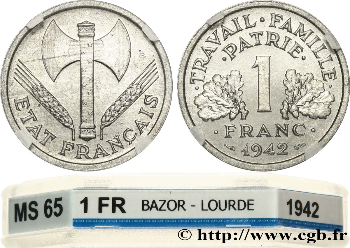 1 franc Francisque, lourde 1942 Paris F.222/3 MS65 GENI