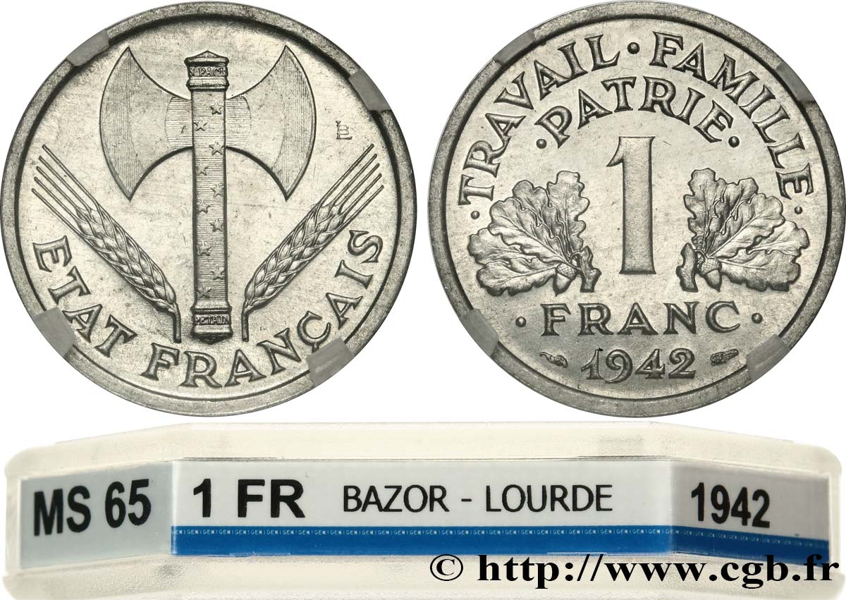 1 franc Francisque, lourde 1942 Paris F.222/3 MS65 GENI
