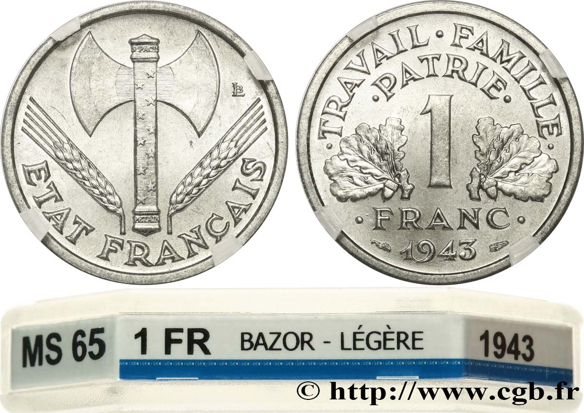 1 franc Francisque, légère 1943  F.223/3 MS65 GENI