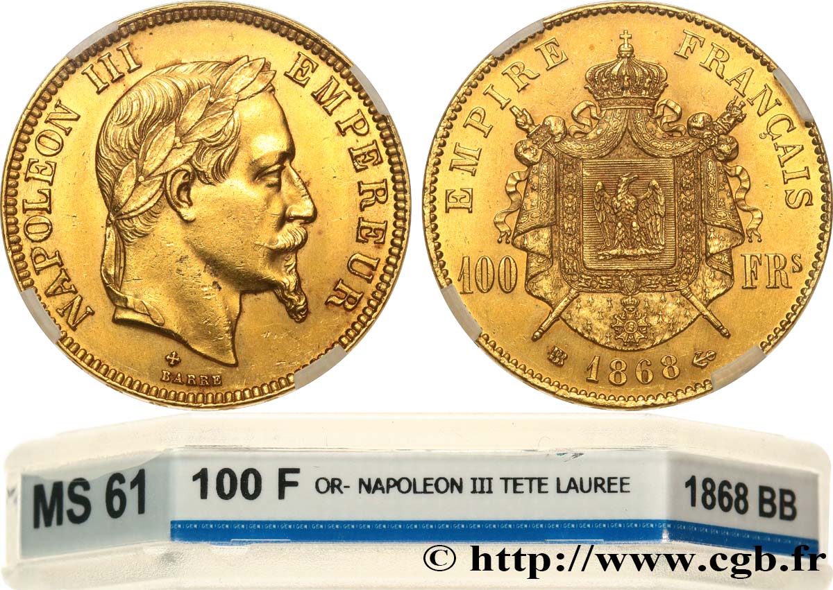 100 francs or Napoléon III, tête laurée 1868 Strasbourg F.551/11 MS61 GENI