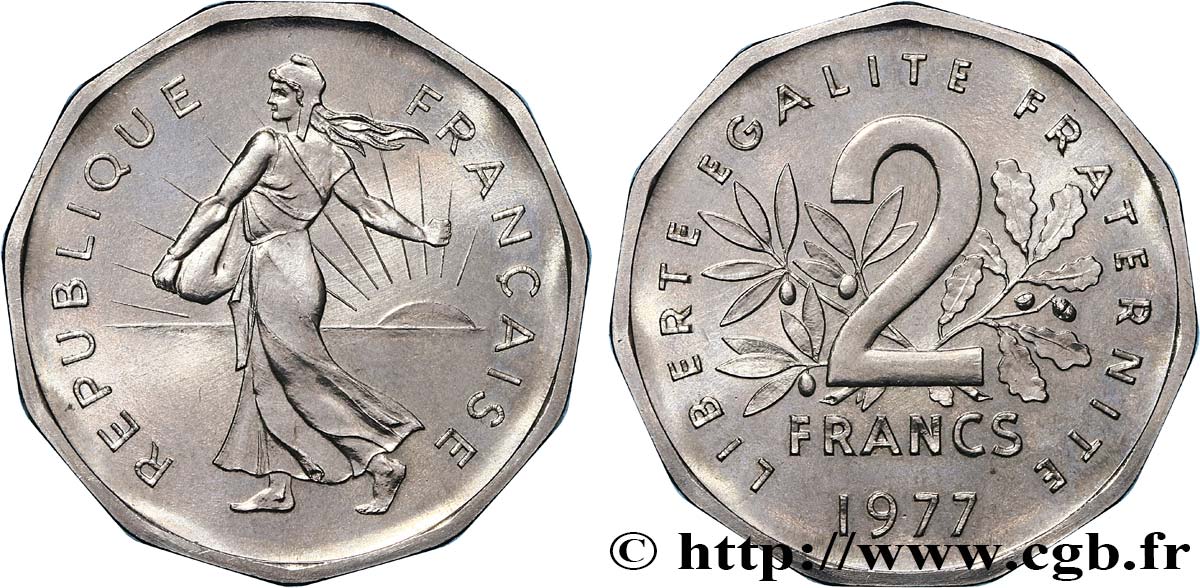 Pré-série de 2 francs Semeuse, nickel, sans le mot essai, tranche à 11 pans, listel rond 1977 Pessac GEM.123 13 fST 
