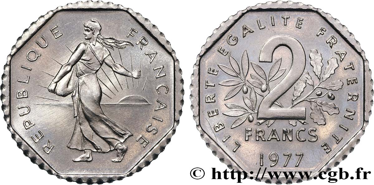 Pré-série de 2 francs Semeuse, nickel, sans le mot essai, flan rond, listel octogonal, 6,93 g 1977 Pessac GEM.123 15 MS 