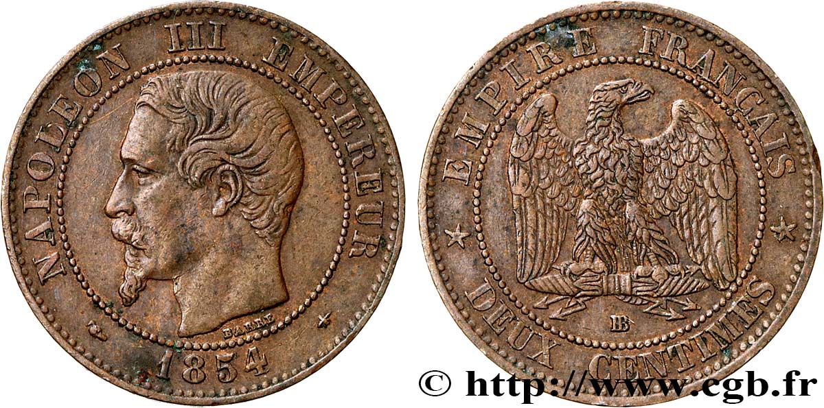 Deux centimes Napoléon III, tête nue 1854 Strasbourg F.107/11 TTB 