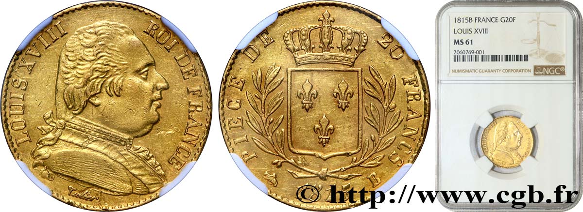 20 francs or Louis XVIII, buste habillé 1815 Rouen F.517/11 EBC61 NGC