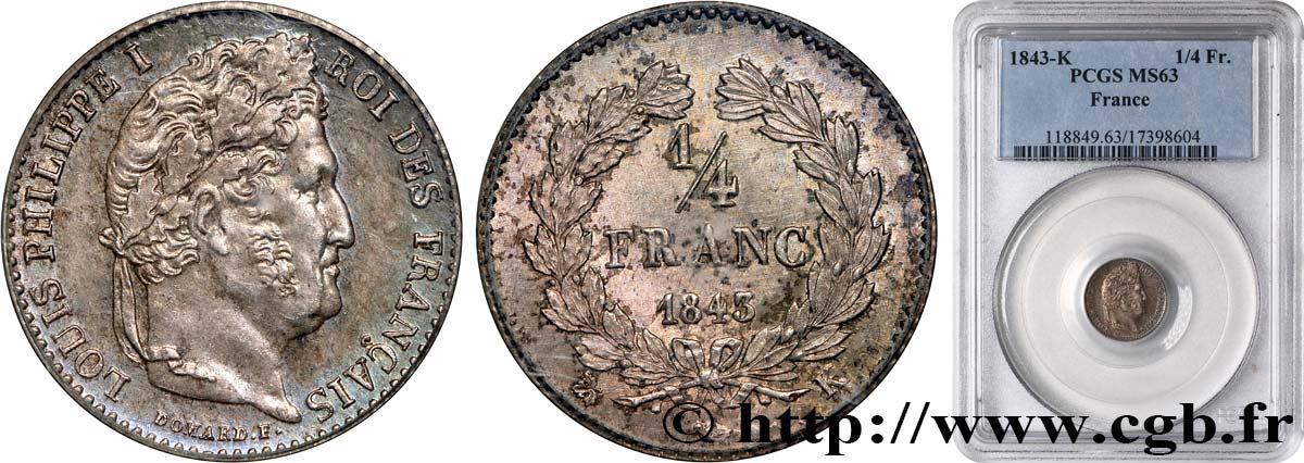 1/4 franc Louis-Philippe 1843 Bordeaux F.166/95 fST63 PCGS