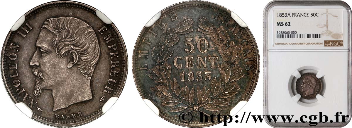 50 centimes Napoléon III, tête nue 1853 Paris F.187/1 VZ62 NGC