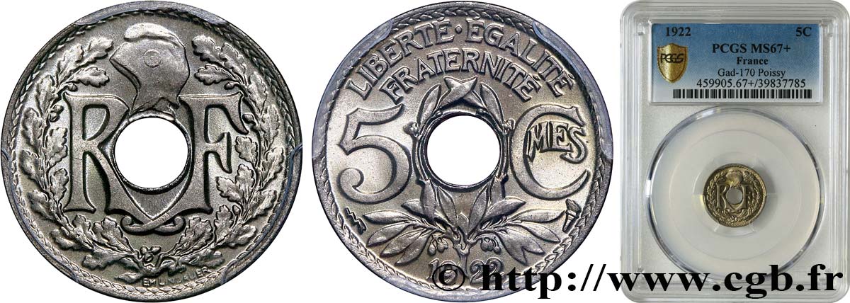 5 centimes Lindauer, petit module 1922 Poissy F.122/5 ST67 PCGS