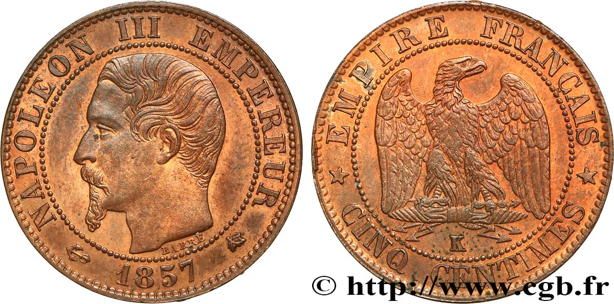 Cinq centimes Napoléon III, tête nue 1857 Bordeaux F.116/41 SUP61 