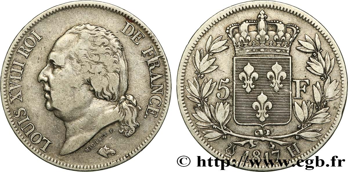 5 francs Louis XVIII, tête nue 1817 La Rochelle F.309/19 BC35 