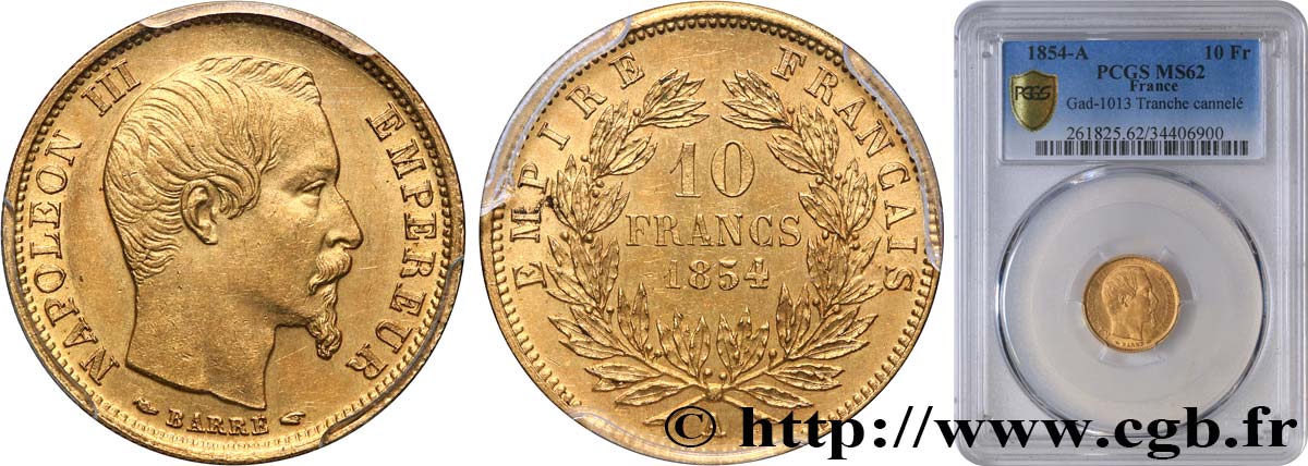10 francs or Napoléon III, tête nue, petit module 1854 Paris F.505A/1 VZ62 PCGS