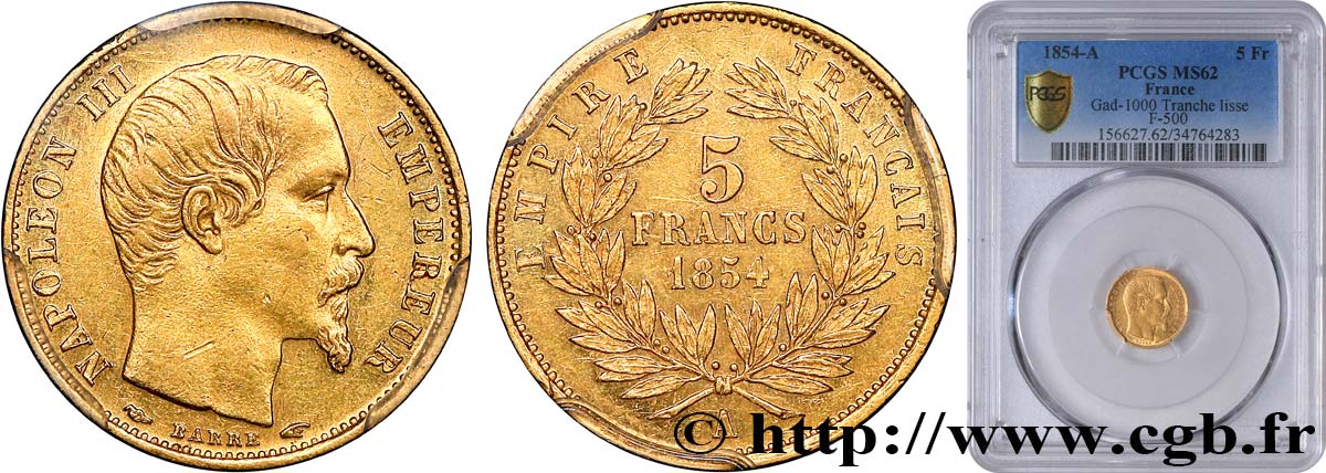 5 francs or Napoléon III, tête nue, petit module, tranche lisse 1854 Paris F.500/1 MS62 PCGS
