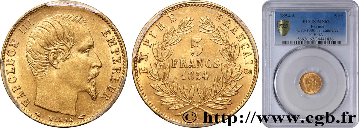 5 francs or Napoléon III, tête nue, petit module, tranche cannelée 1854 Paris F.500A/1 SPL62 PCGS