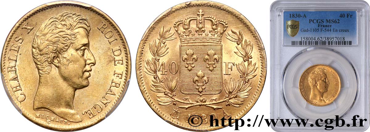 40 francs or Charles X, 2e type 1830 Paris F.544/5 MS62 PCGS