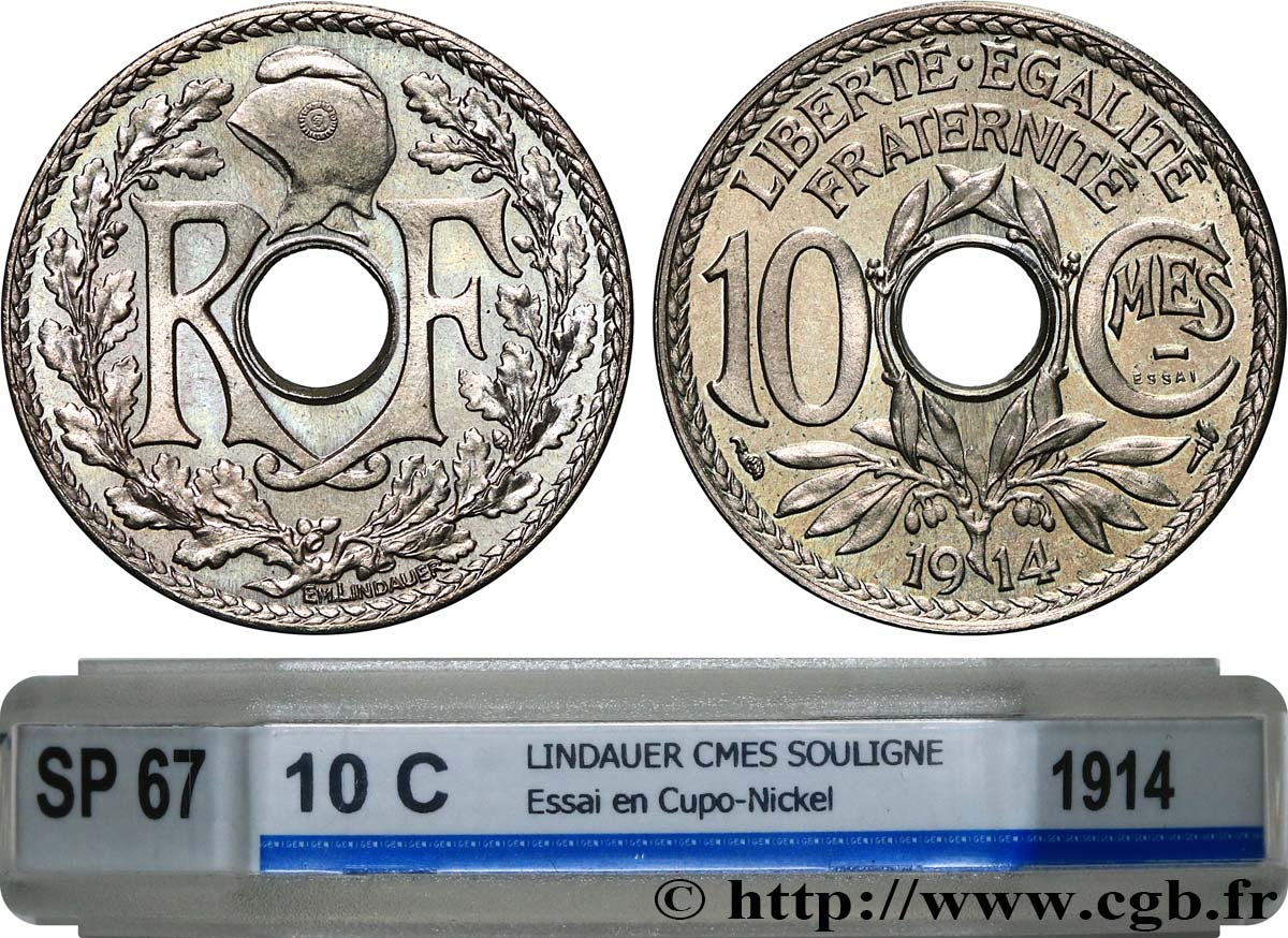 Essai de 10 centimes Lindauer, Cmes souligné, Cupro-Nickel 1914 Paris GEM.39 6 var. ST67 GENI