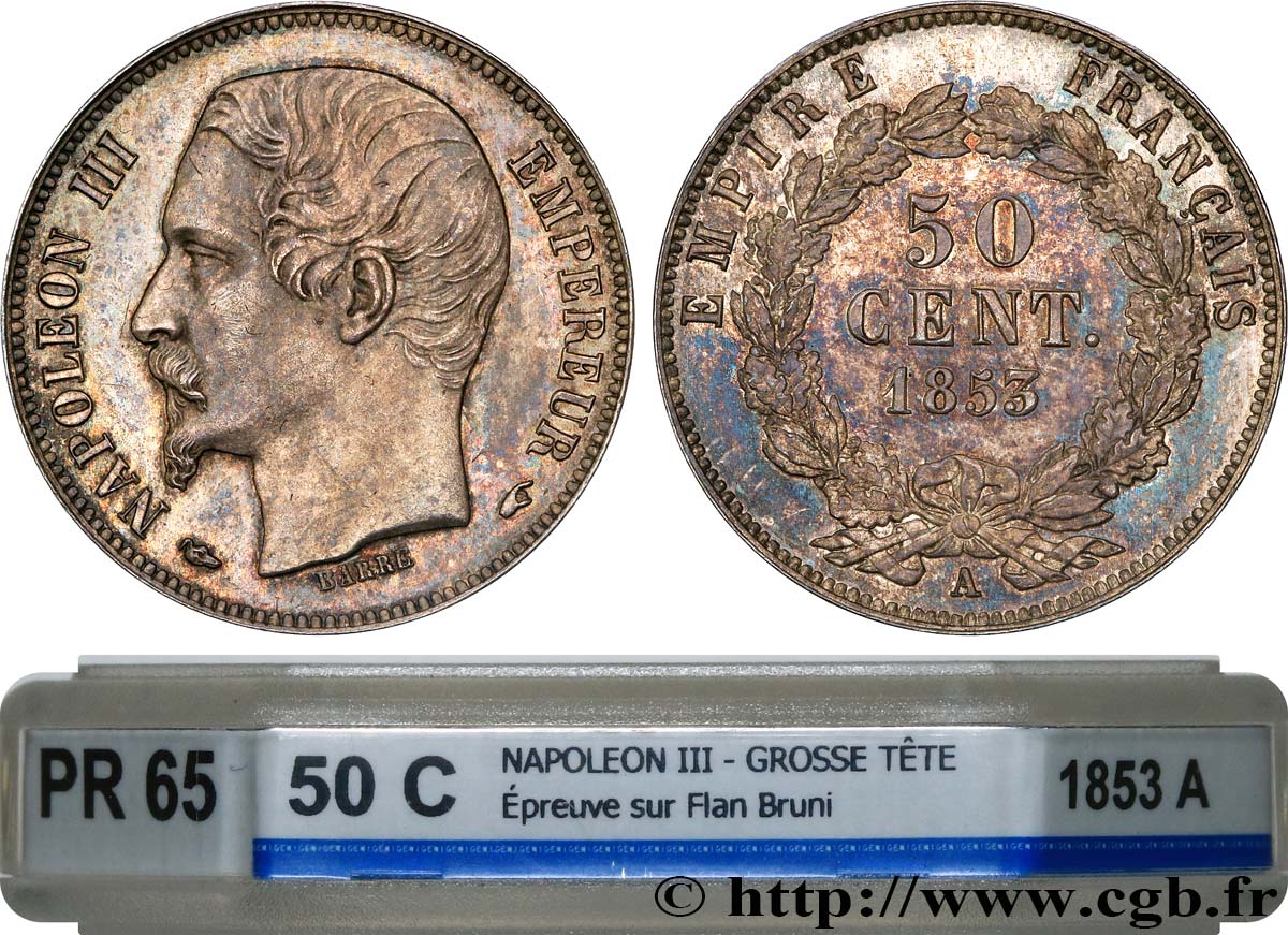 50 centimes Napoléon III, grosse tête, frappe d épreuve 1853 Paris F.186/1 MS65 GENI