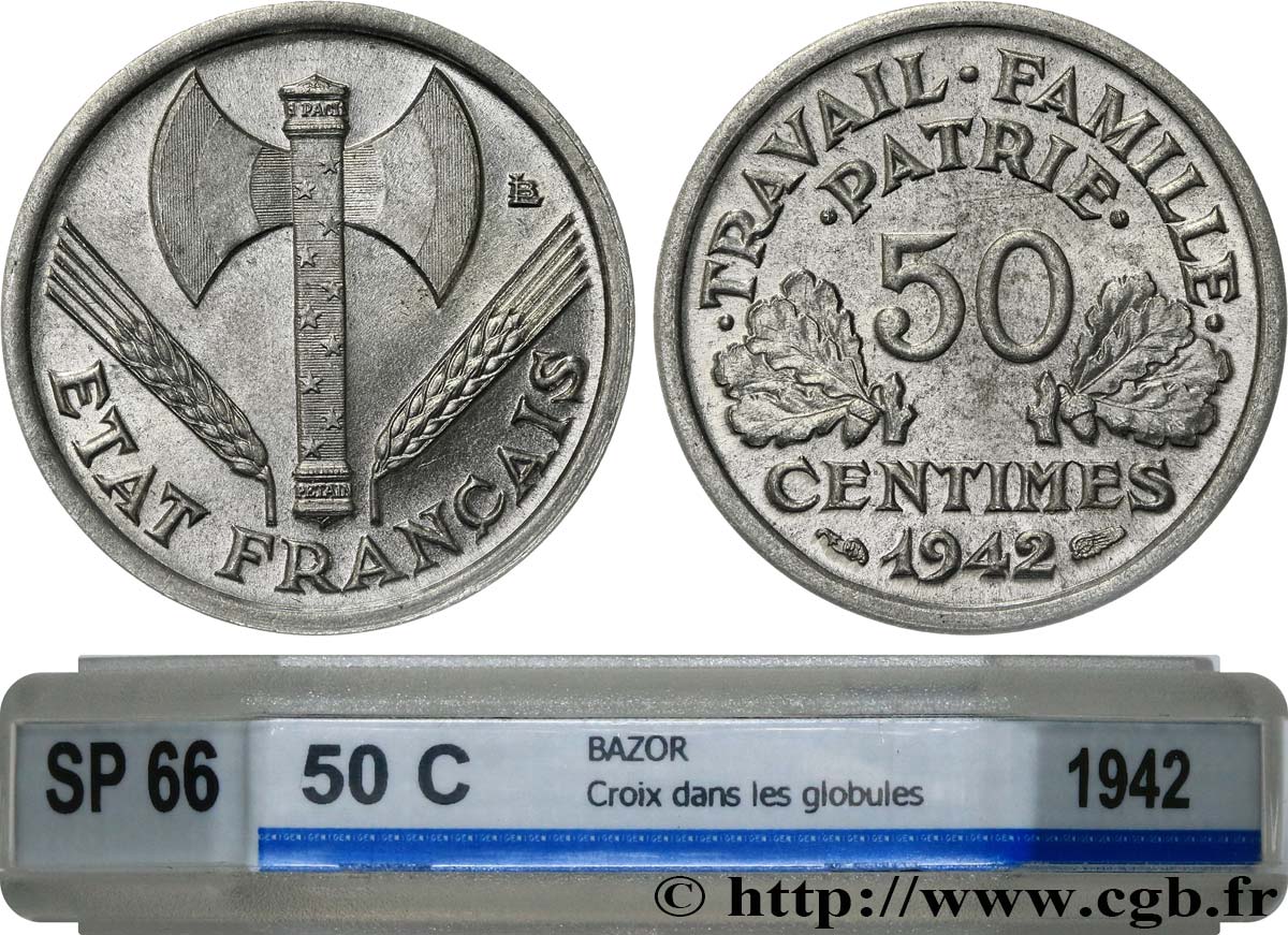 50 centimes Francisque, lourde, premiers exemplaires avec les CROIX 1942 Paris F.195/2 ST66 GENI