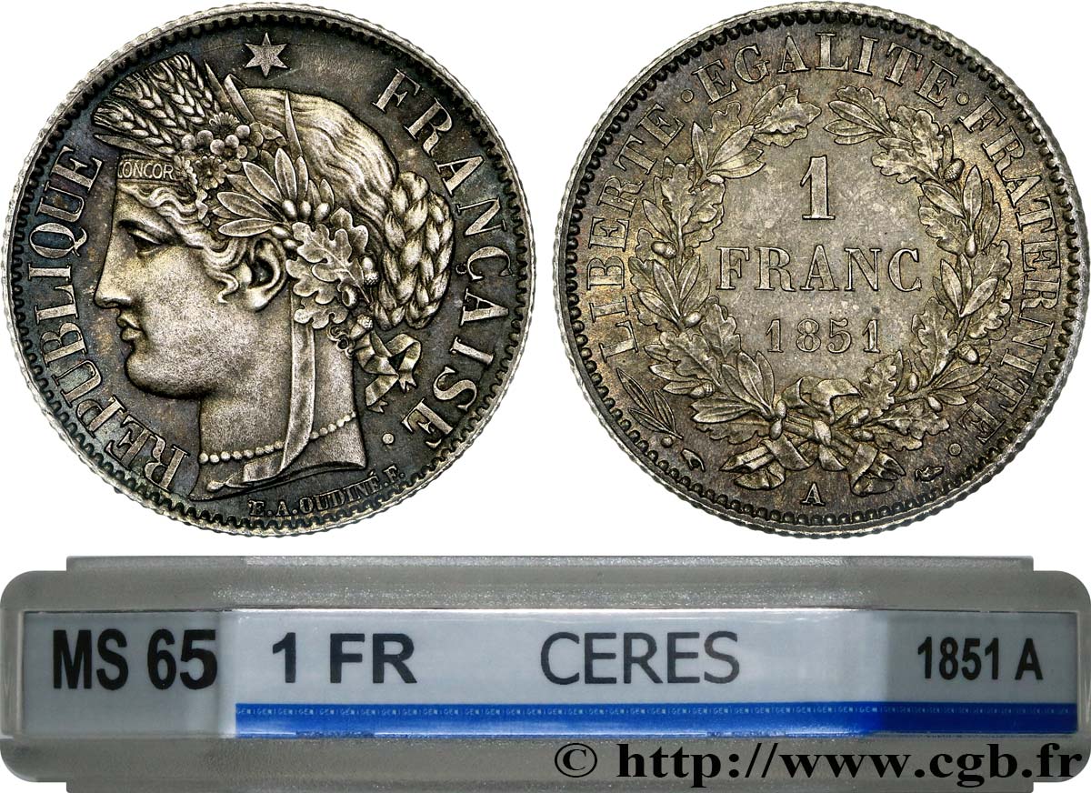 1 franc Cérès, IIe République 1851 Paris F.211/9 MS65 GENI