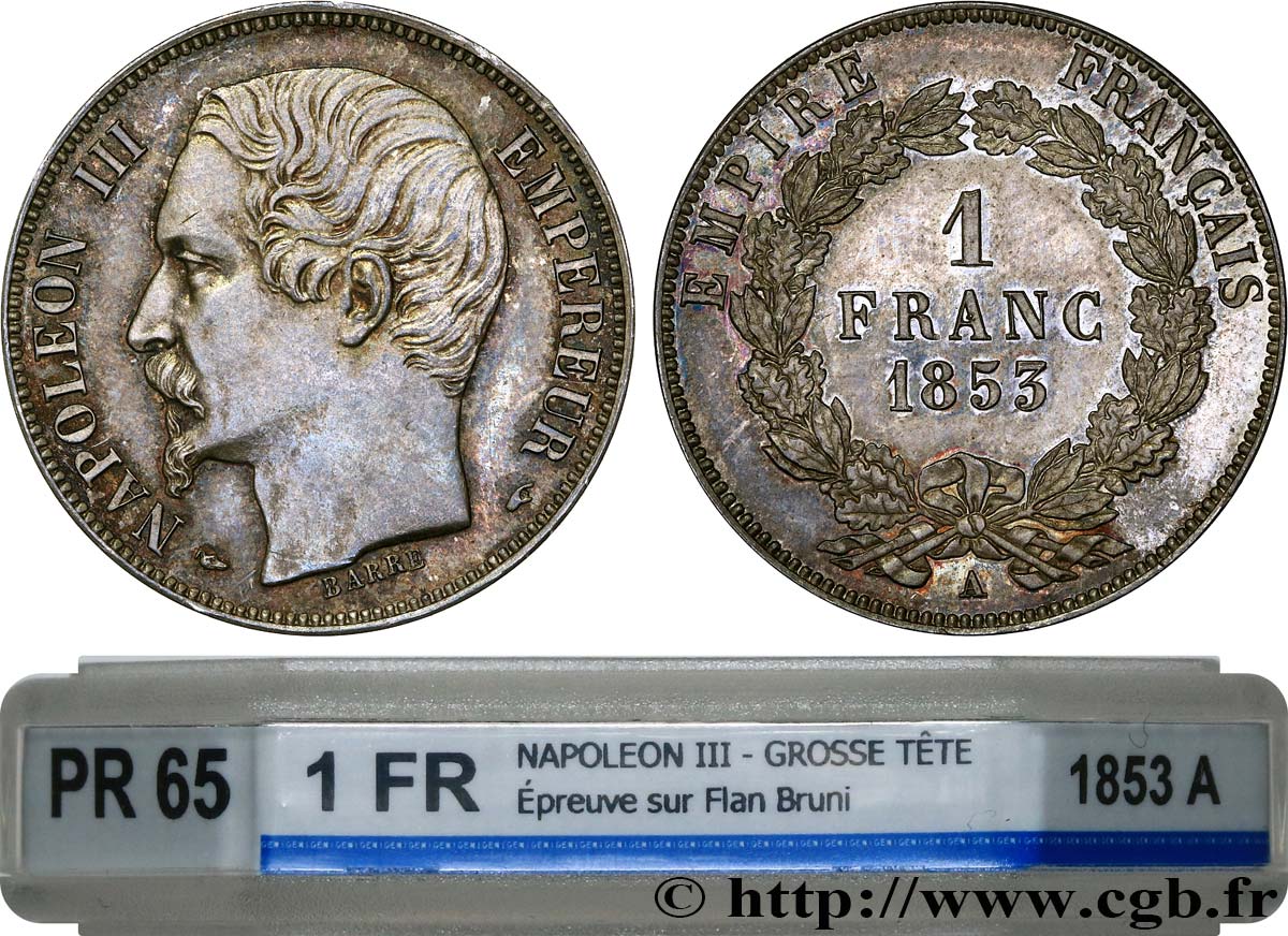 1 franc Napoléon III, grosse tête, frappe d épreuve, couronne de chêne 1853 Paris F.213/1 ST65 GENI