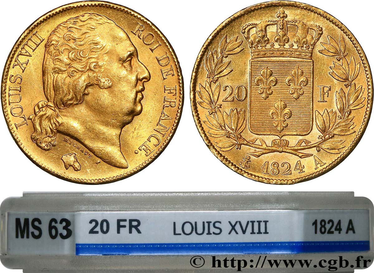 20 francs or Louis XVIII, tête nue 1824 Paris F.519/31 fST63 GENI