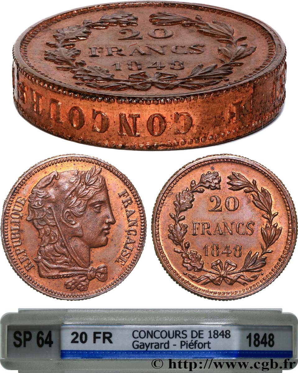 Concours de 20 francs, piéfort de Gayrard, tranche inscrite 1848 Paris VG.3025 var. MS64 GENI