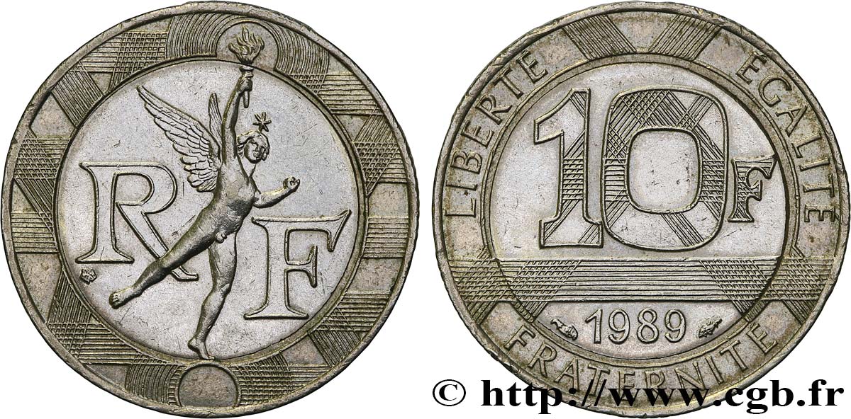 10 francs Génie de la Bastille, Fauté mono-métal Nickel, Couronne erronée 1989 Pessac F.375/3 var. MS61 