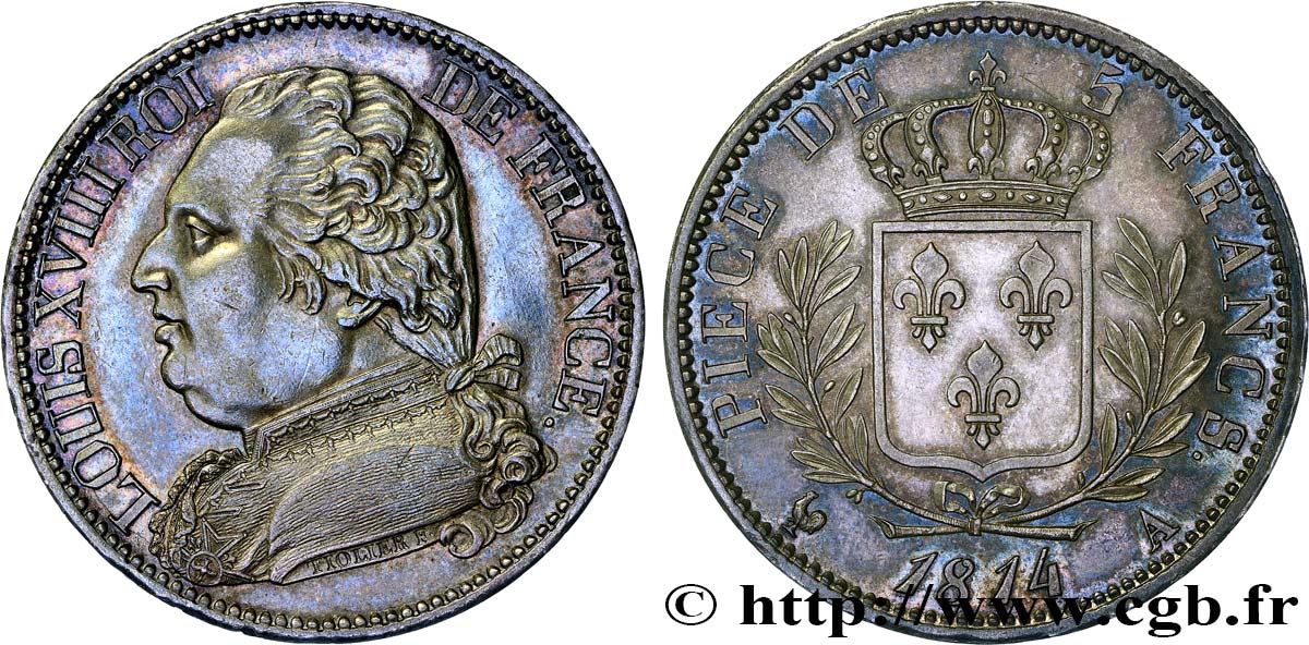 5 francs Louis XVIII, buste habillé 1814 Paris F.308/1 VZ+ 