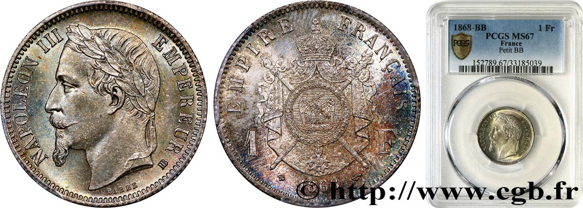 1 franc Napoléon III, tête laurée 1868 Strasbourg F.215/11 MS67 PCGS