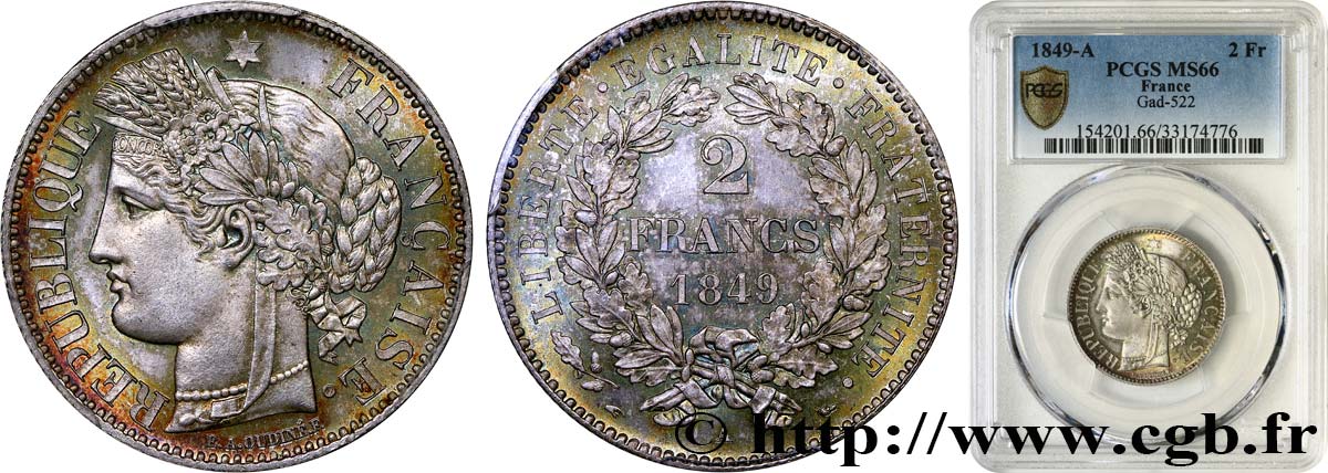 2 francs Cérès, IIe République 1849 Paris F.261/1 ST66 PCGS