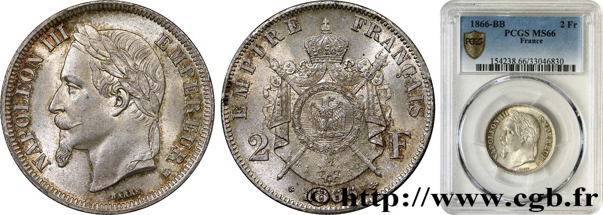 2 francs Napoléon III, tête laurée  1866 Strasbourg F.263/3 ST66 PCGS