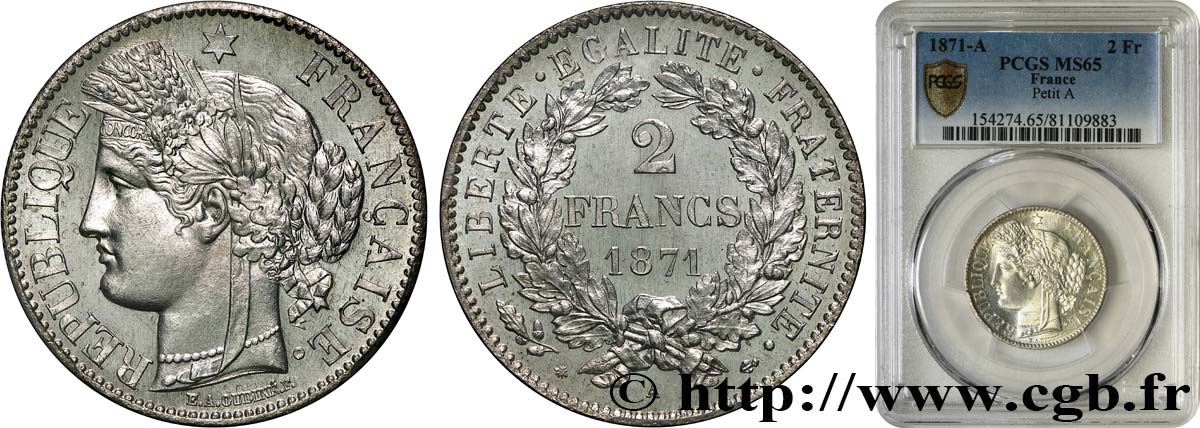 2 francs Cérès, avec légende 1871 Paris F.265/5 ST65 PCGS