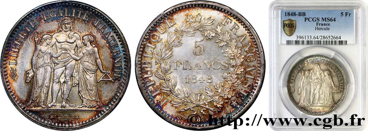5 francs Hercule, IIe République 1848 Strasbourg F.326/2 MS64 PCGS