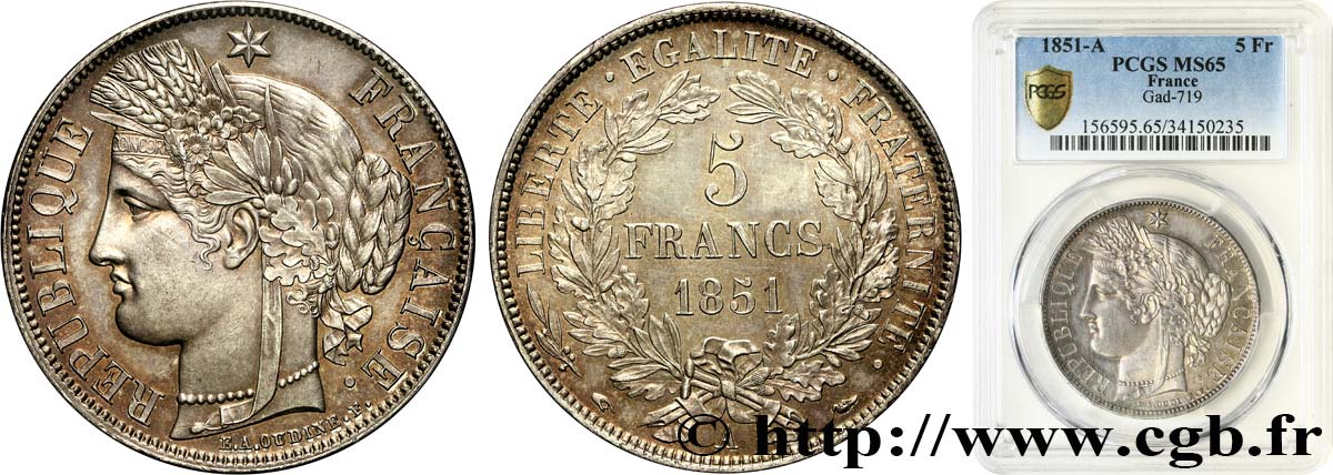 5 francs Cérès, IIe République 1851 Paris F.327/7 MS65 PCGS