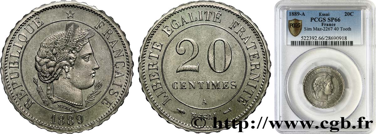 Essai de 20 centimes Merley, tranche cannelée 1889 Paris GEM.50 5 MS66 PCGS