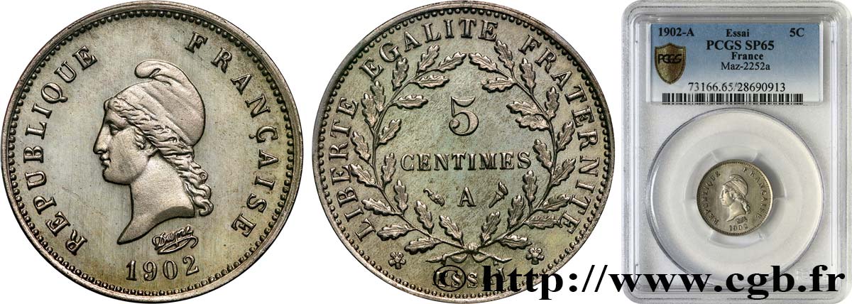 Essai-Piéfort de 5 centimes d’après Dupré, Maillechort, flan rond 1902 Paris GEM.11 EP ST65 PCGS