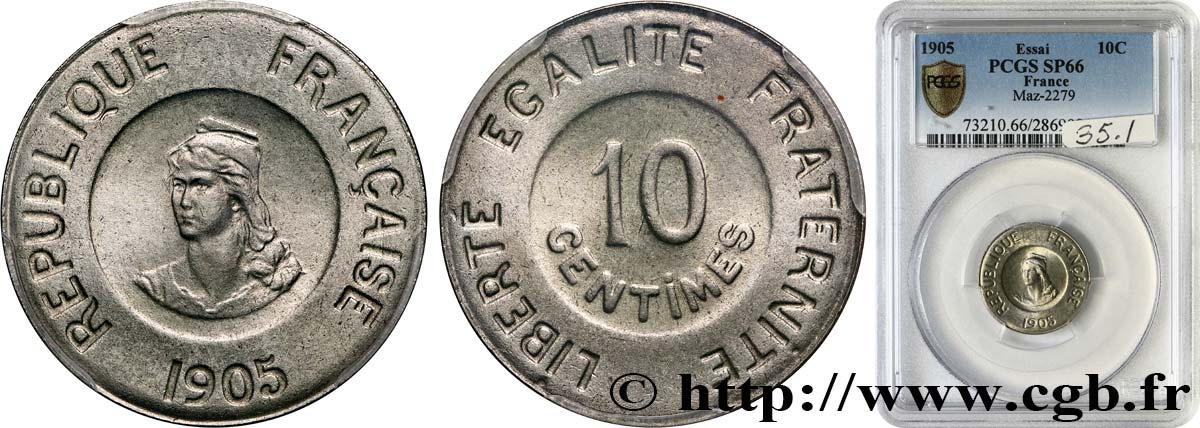 Essai de 10 centimes Rude en nickel 1905  GEM.35 1 ST66 PCGS