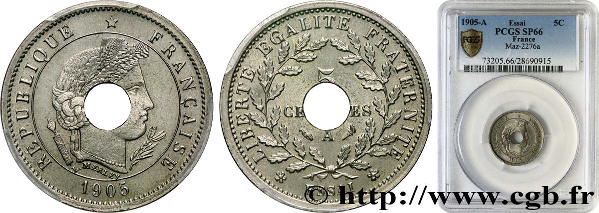 Essai de 5 centimes Merley type I en nickel, perforé 1905 Paris GEM.12 6 ST66 PCGS