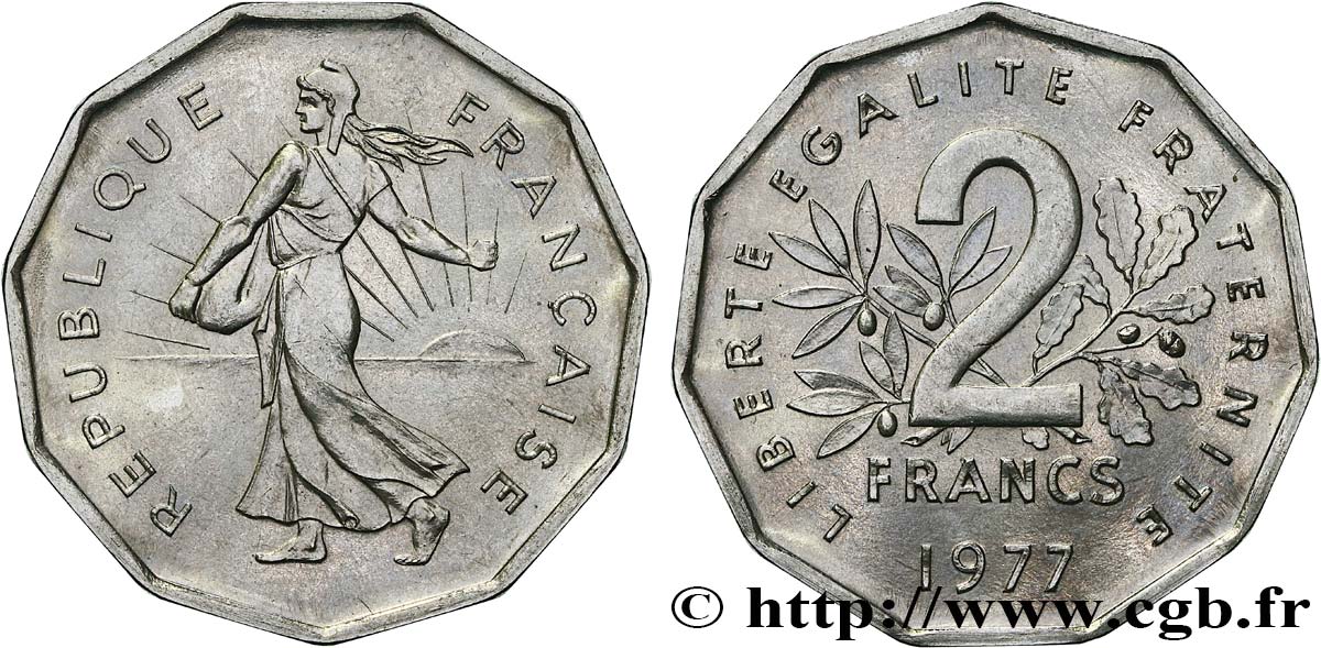 Pré-série de 2 francs Semeuse, nickel, sans le mot essai, tranche à 11 pans, listel hendécagonal 1977 Pessac GEM.123 12 MS64 